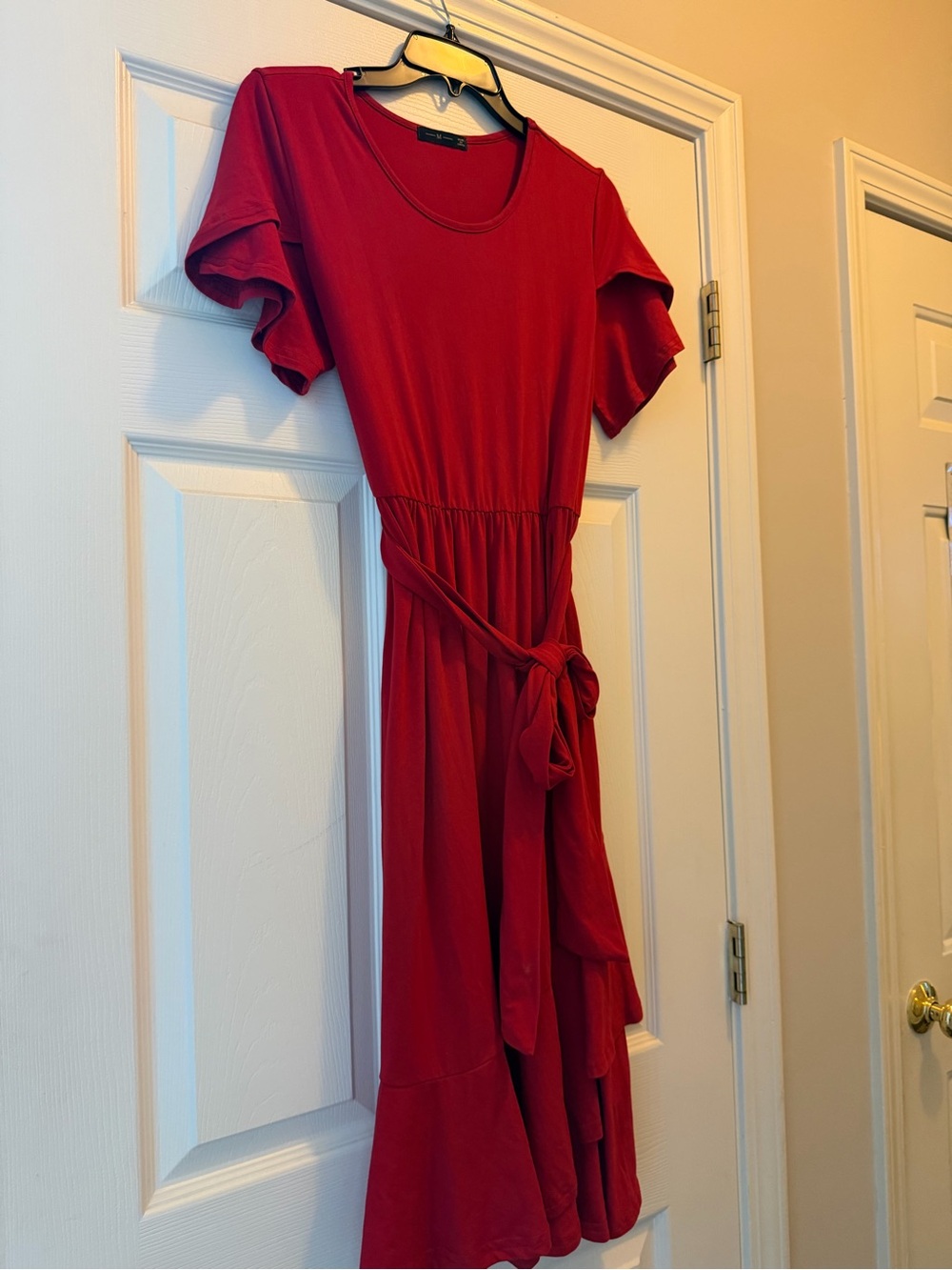 Red Tie-Belt Midi Dress with Flutter Sleeves